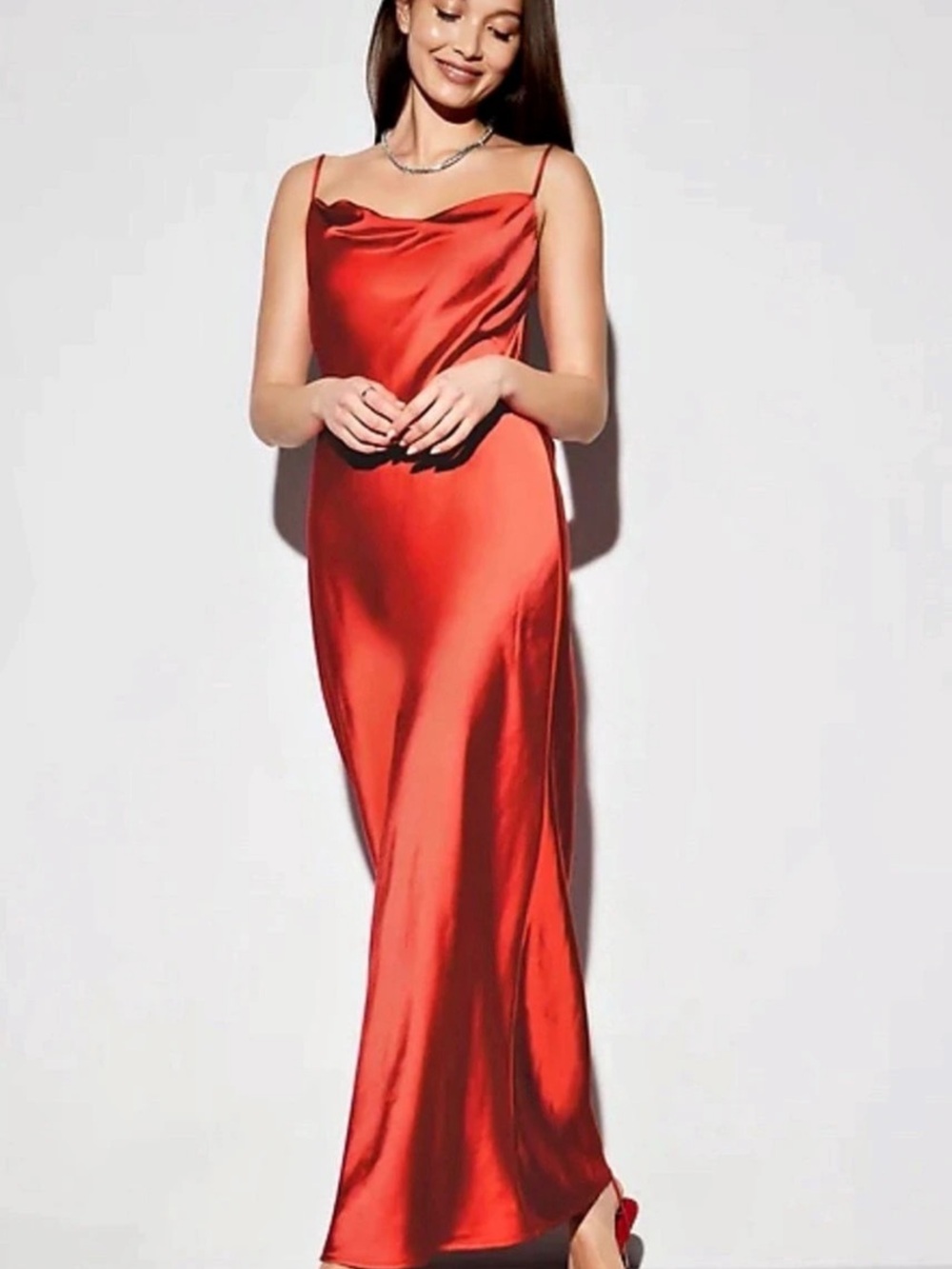The Occasion by Old Navy Satin Cowl Maxi Dress Fiery Coral Red Size Large Petite